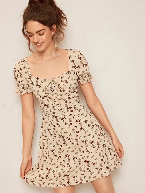 Vestido de Mangas Bufantes Com estampa Floral