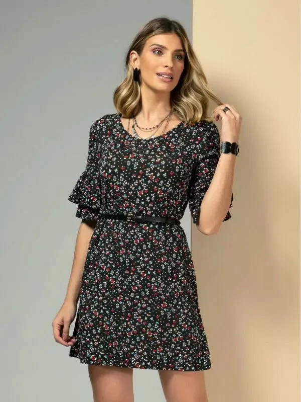 Vestido Floral Preto com Babado na Manga